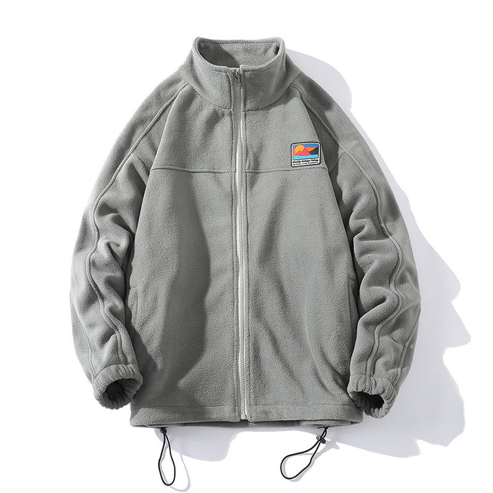 Men's fleece jacket with stand-up collar, full zip, elastic drawstring, and badge patch Hudson & Parker