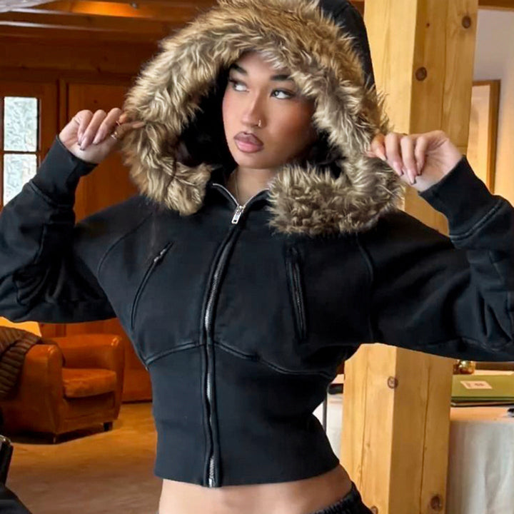 Women's short cut hoodie with faux fur hood, zipper and fitted cuff Hudson & Parker
