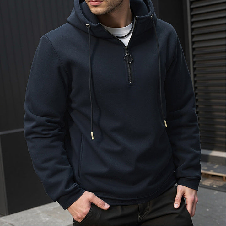 Men's modern sporty-elegant hoodie sweatshirt with front half zip and drawstring Hudson & Parker