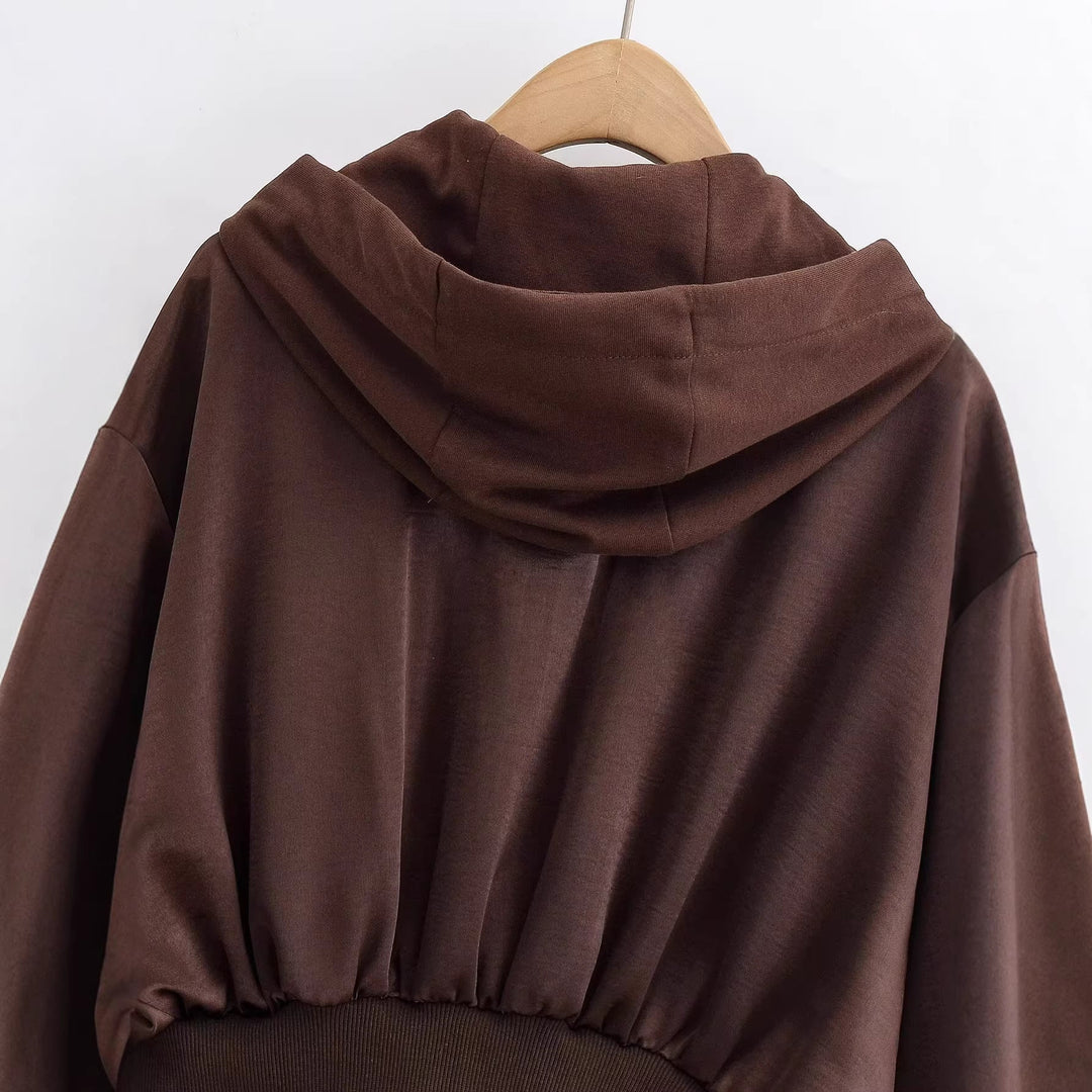 Ladies Cropped Hoodie Jacket with full zip, wide hood and shaping ribbed hem Hudson & Parker