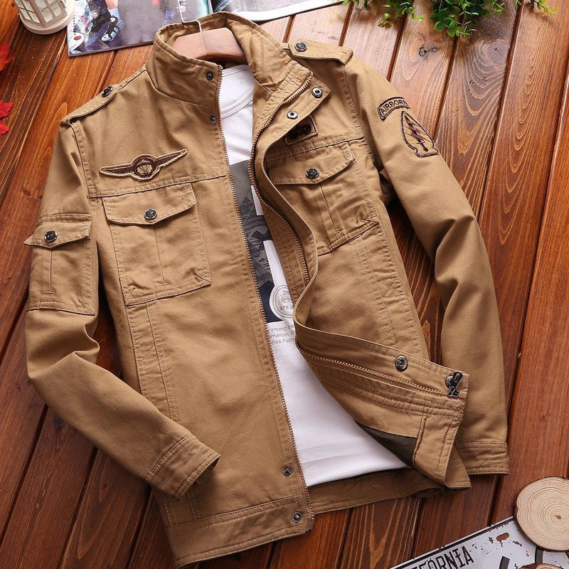 Men's Military Canvas Field Jacket with Patches and Stand Collar Hudson & Parker