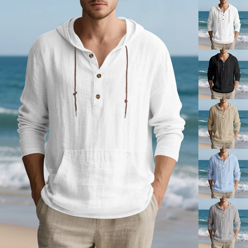 Men's lightweight hooded henley made of linen- blend with kangaroo pocket and button placket Hudson & Parker