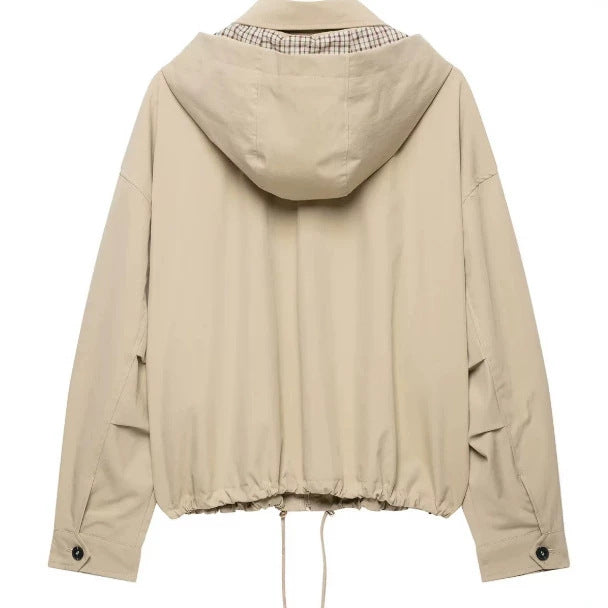 Women's Lightweight Hooded Jacket in Boxy Cut with Drawstring and Check Lining Hudson & Parker
