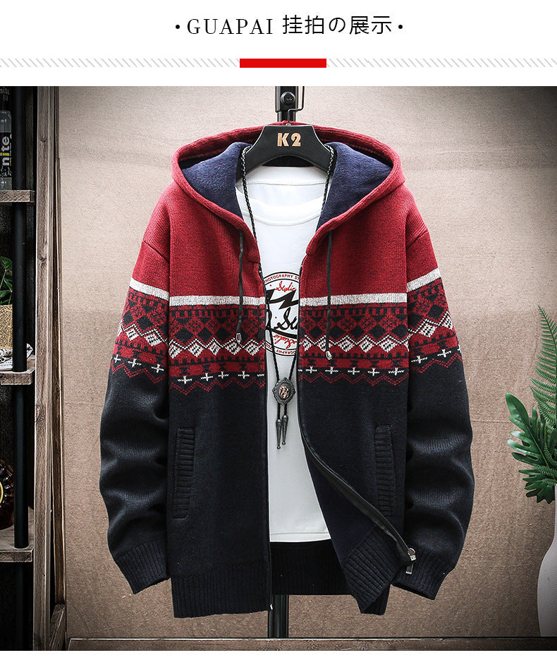 Men's Hooded Knitted Zip Jacket with Norwegian Jacquard and Soft Lining Hudson & Parker
