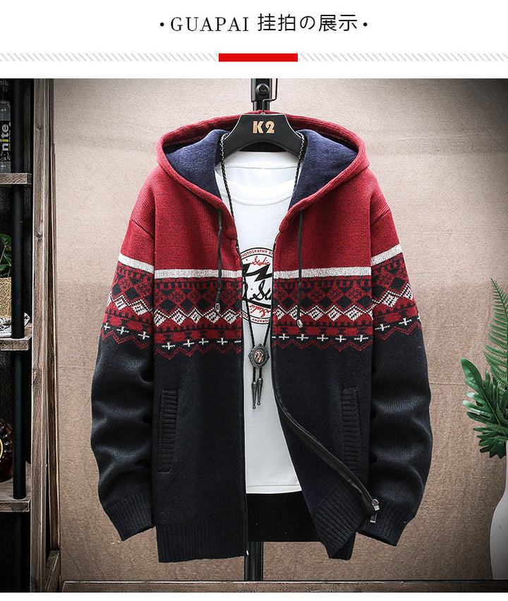 Men's Hooded Knitted Zip Jacket with Norwegian Jacquard and Soft Lining Hudson & Parker