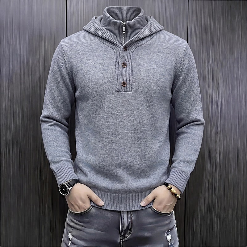Men's fine knit hooded pullover with half zipper and button placket Hudson & Parker
