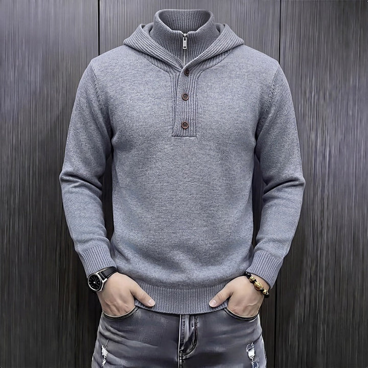 Men's fine knit hooded pullover with half zipper and button placket Hudson & Parker