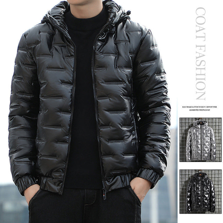 Men's Lightweight Quilted Hooded Puffer Jacket with Shiny Surface and Elastic Cuffs Hudson & Parker