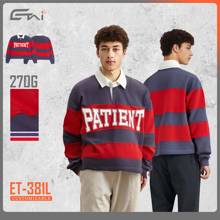 Men Striped Rugby Polo Sweatshirt with Contrast Collar and Oversized Fit Hudson & Parker