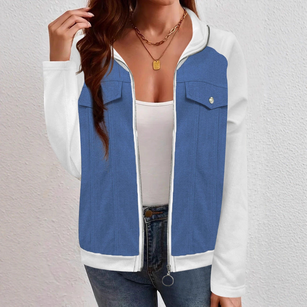 Women's Hooded Sweat Jacket with Denim Look Front, Chest Pockets and Zipper Hudson & Parker Fashion