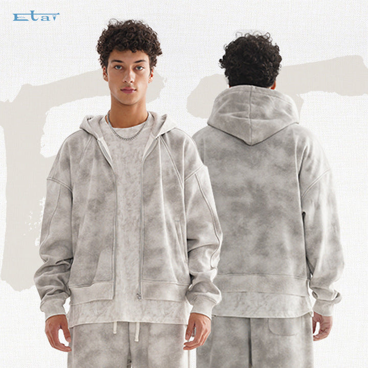 Unisex Short Cut Zip Hoodie made of French Terry with Cloud Dye Effect and Raglan Seams Hudson & Parker