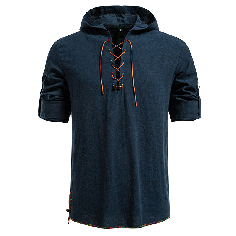Men's Lightweight Hoodie Shirt with Decorative Lacing, Short Sleeve and Longline Cut Hudson & Parker