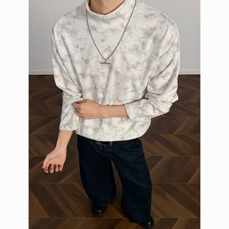 Men's Loose Stand Collar Sweatshirt with Subtle Marble Print Hudson & Parker