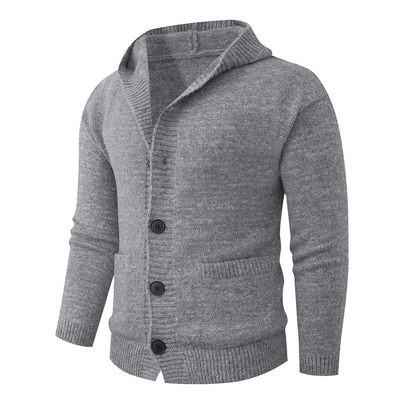 Men's hooded knitted cardigan made of thermal fine knit with a continuous button placket and side pockets Hudson & Parker