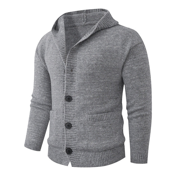Men's hooded knitted cardigan made of thermal fine knit with a continuous button placket and side pockets Hudson & Parker