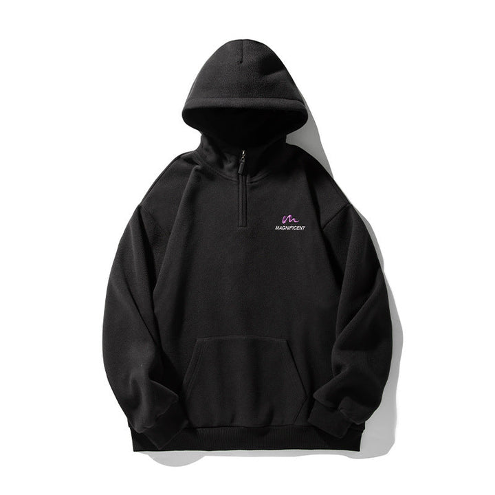Unisex Fleece-Halfzip-Hoodie with Kangaroo Pocket and Ribbed Hem Hudson & Parker