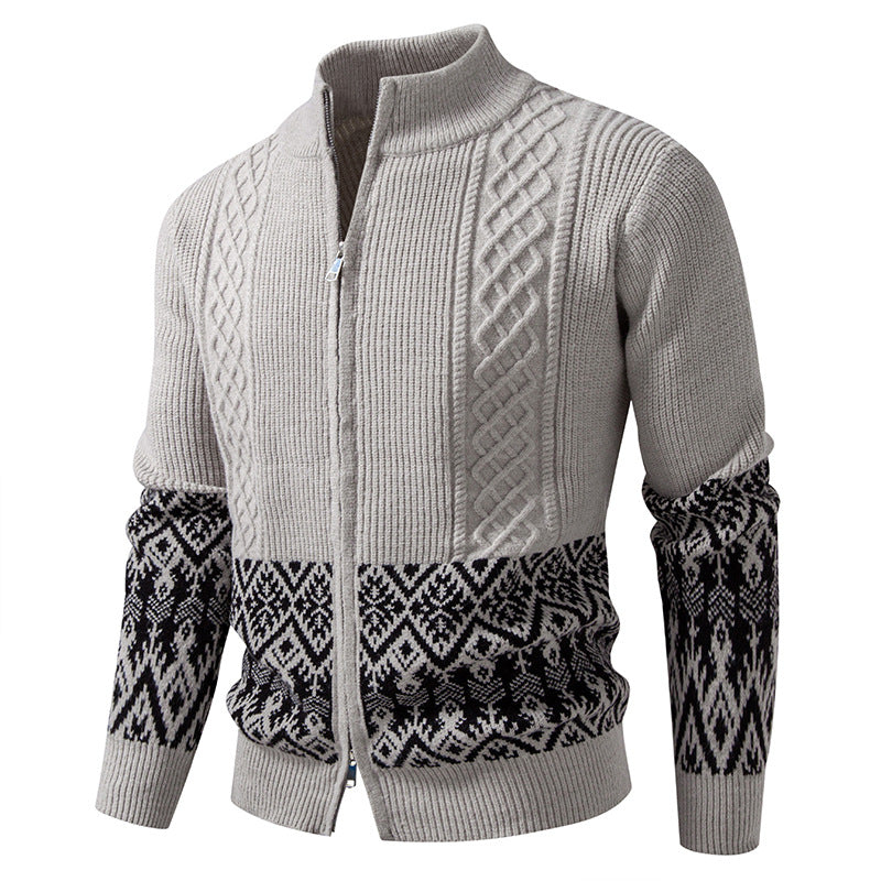 Men's High-Quality Norwegian Zip Cardigan with Cable Pattern and Stand-Up Collar Hudson & Parker