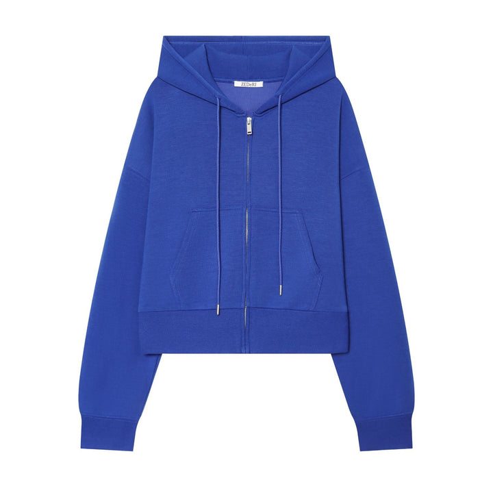 Women's Cropped Sweat Jacket with Metal Zip, Kangaroo Pocket and Oversized Hood Hudson & Parker