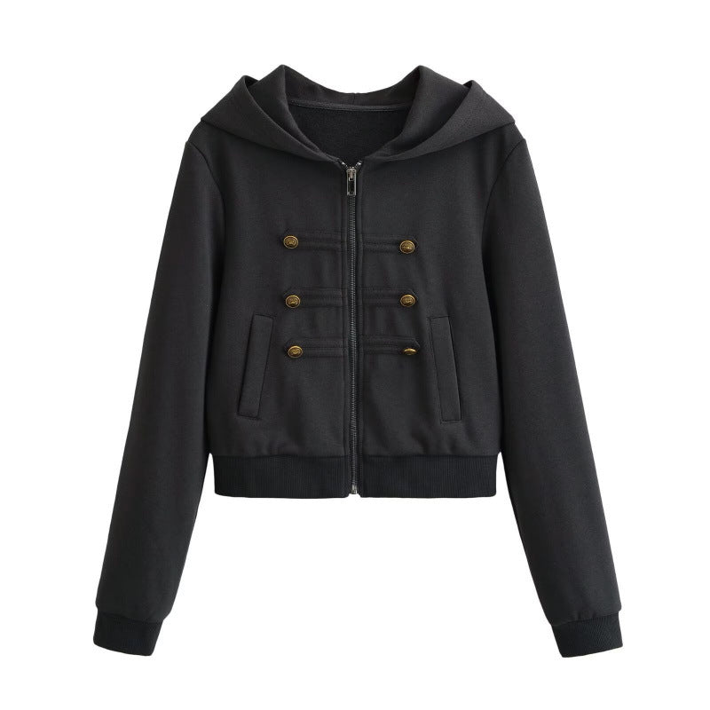 Women's Cropped Hooded Blouson in Military Look with Decorative Button Placket and Ribbed Hem Hudson & Parker