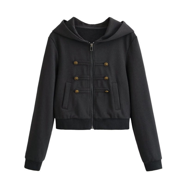 Women's Cropped Hooded Blouson in Military Look with Decorative Button Placket and Ribbed Hem Hudson & Parker