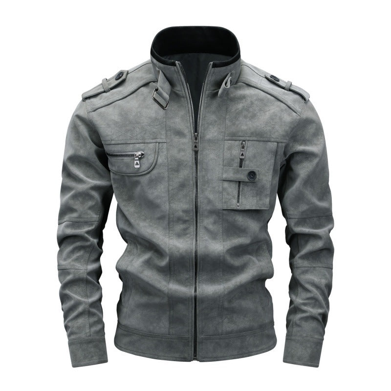 Men's utility faux leather jacket with stand-up collar, shoulder flaps, and multiple chest pockets Hudson & Parker