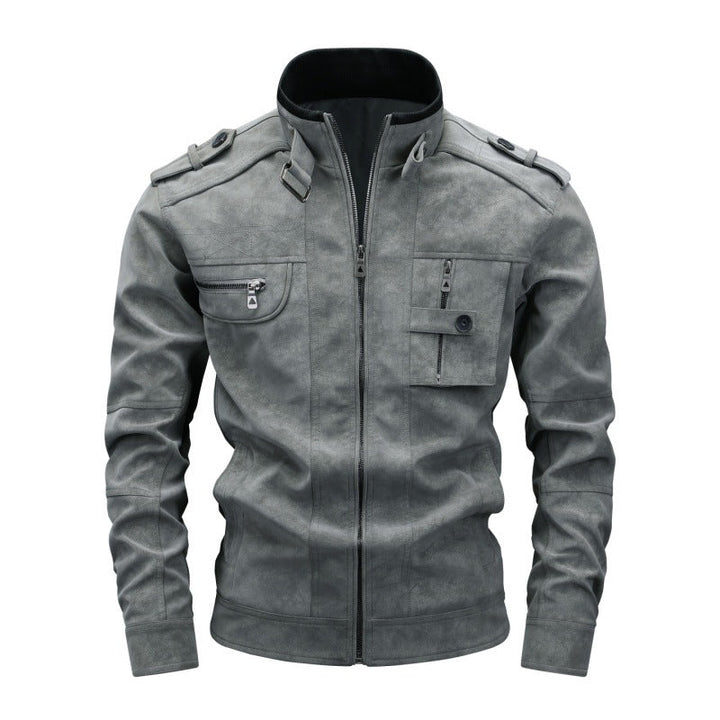Men's utility faux leather jacket with stand-up collar, shoulder flaps, and multiple chest pockets Hudson & Parker