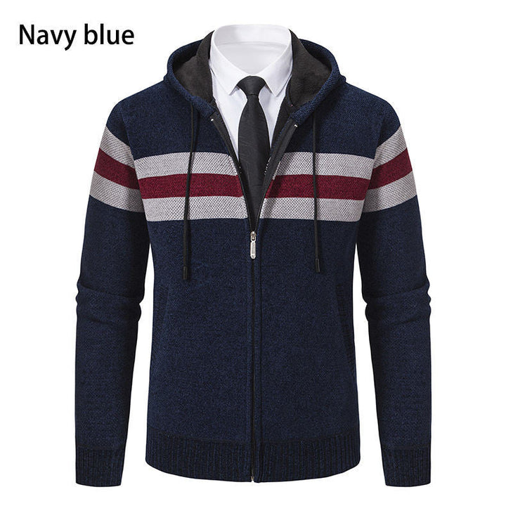 Men's hooded sweater jacket with full zip, contrast stripes, and side pockets Hudson & Parker