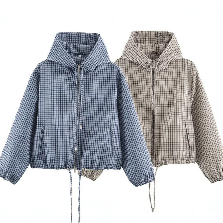 Women Checked Cropped Hoodie with Drawstring Hem and Two-Way Zip Hudson & Parker