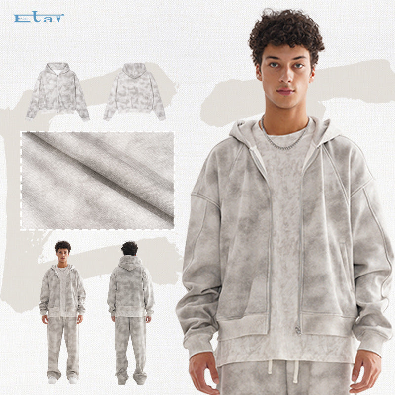 Unisex Short Cut Zip Hoodie made of French Terry with Cloud Dye Effect and Raglan Seams Hudson & Parker