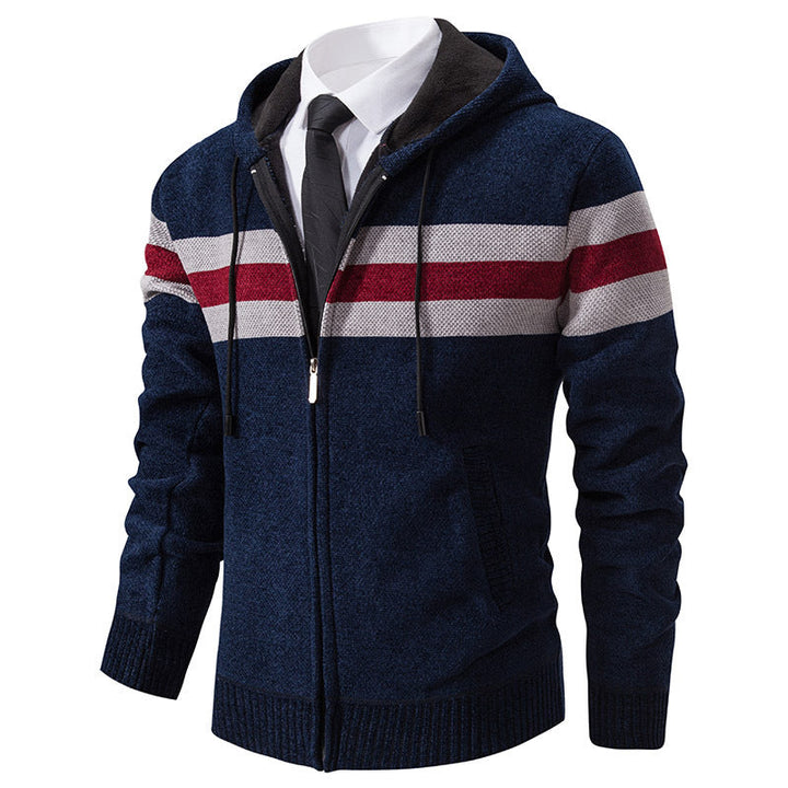 Men's Knitted Hooded Cardigan with Contrast Stripes and Zipper Hudson & Parker