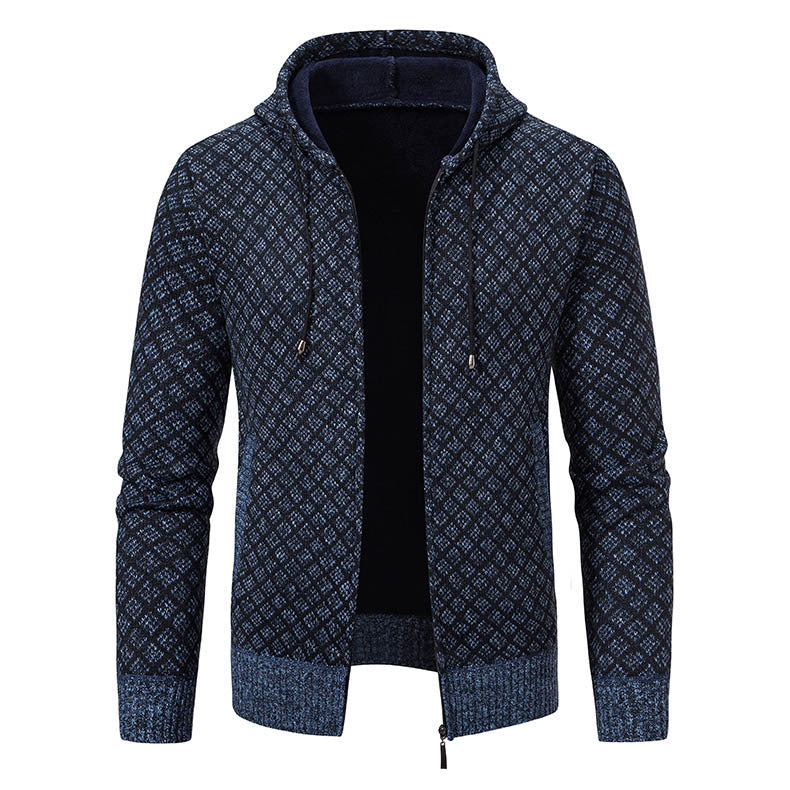 Men's jacquard zip knit jacket with hood and warm fleece lining Hudson & Parker