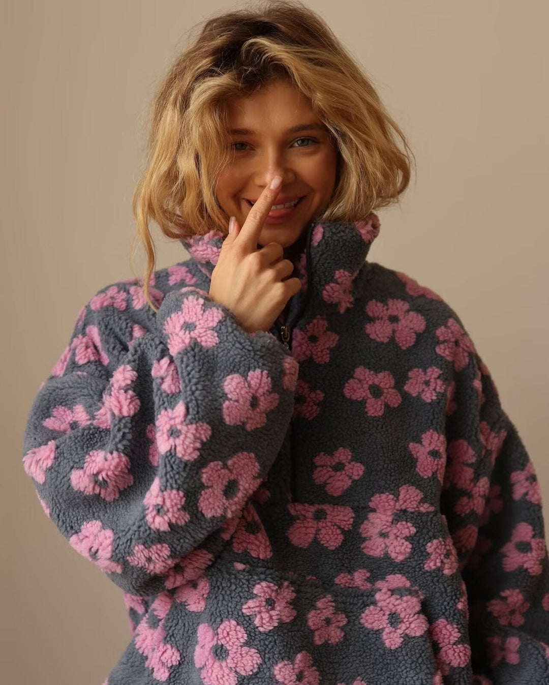 Ladies Teddy Fleece Hooded Jacket with Stand-up Collar, Floral Relief and Half Zip Hudson & Parker
