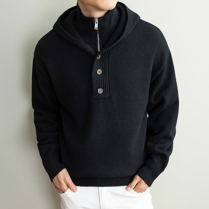 Men's fine knit hooded pullover with half zipper and button placket Hudson & Parker