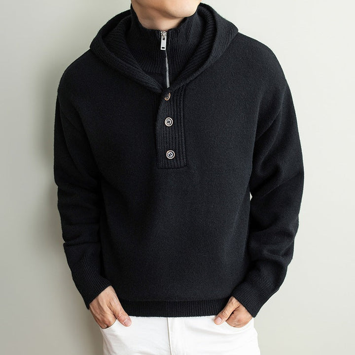 Men's fine knit hooded pullover with half zipper and button placket Hudson & Parker