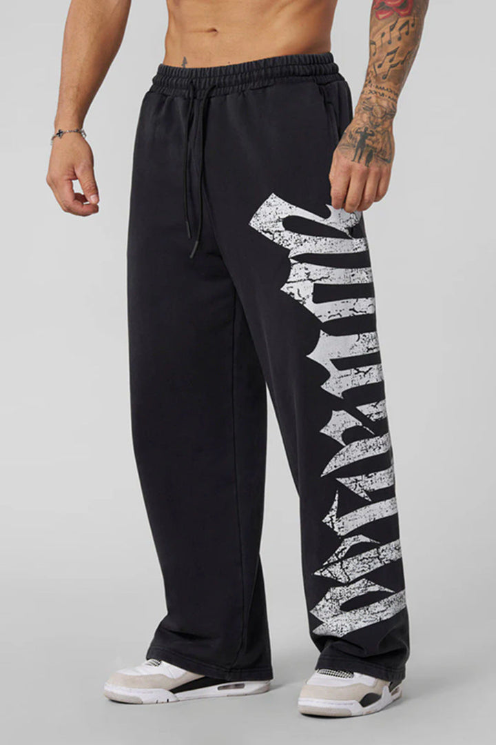 Men's wide sweatpants made of brushed fleece with side vintage print and drawstring waistband Hudson & Parker