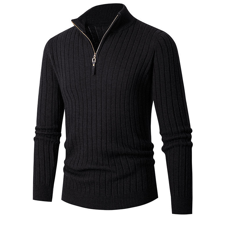 Men's Ribbed Fine Knit Half-Zip Jumper with High Collar and Zipper Hudson & Parker