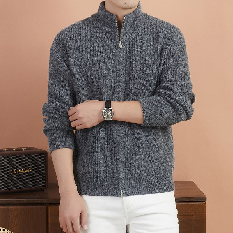 Men's Cozy Zip Sweater made of Mohair Blend with Fine Rib Structure and Stand-Up Collar Hudson & Parker