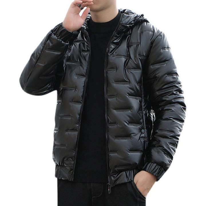 Men's Lightweight Quilted Hooded Puffer Jacket with Shiny Surface and Elastic Cuffs Hudson & Parker