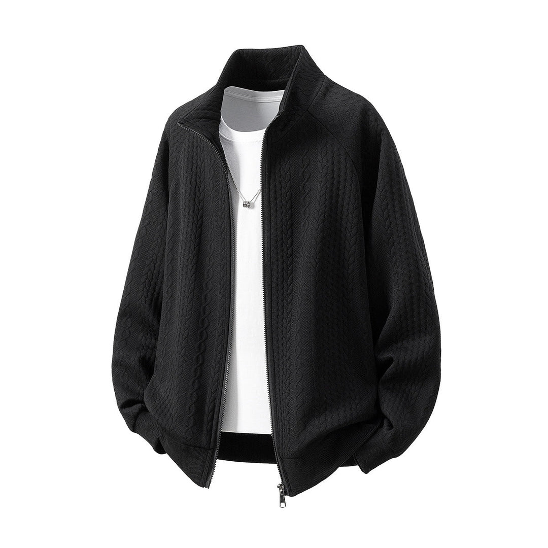 Men's Chunky Knit Zip Cardigan with Stand-Up Collar and Cable Pattern Hudson & Parker
