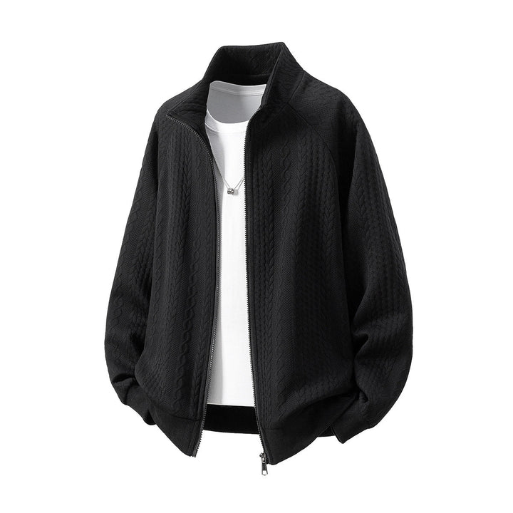 Men's Chunky Knit Zip Cardigan with Stand-Up Collar and Cable Pattern Hudson & Parker