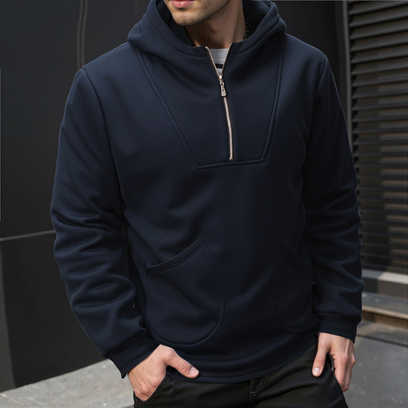 Men's Hooded Half-Zip Pullover with Kangaroo Pocket and Relaxed Fit Hudson & Parker