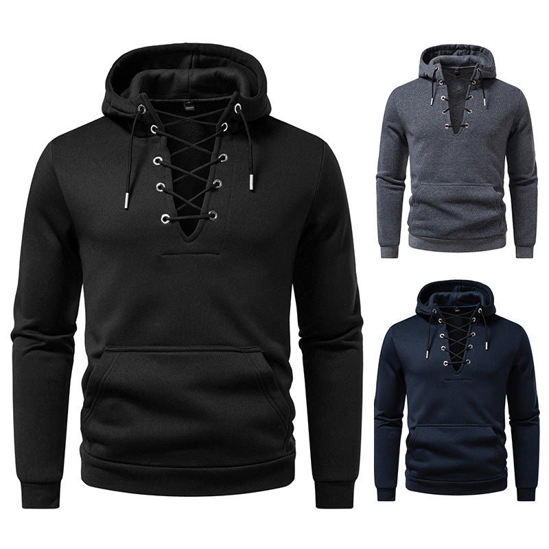 Men's hoodie in casual look with V-lacing, kangaroo pocket and ribbed cuffs Hudson & Parker