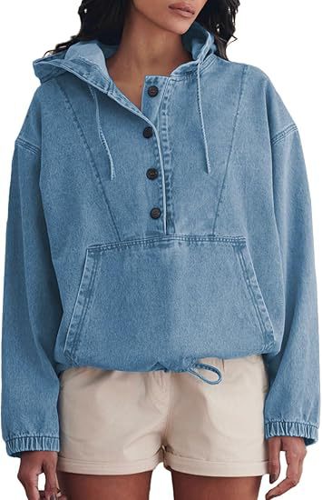 Women's denim hoodie with half button placket, kangaroo pocket, and drawstring hem Hudson & Parker