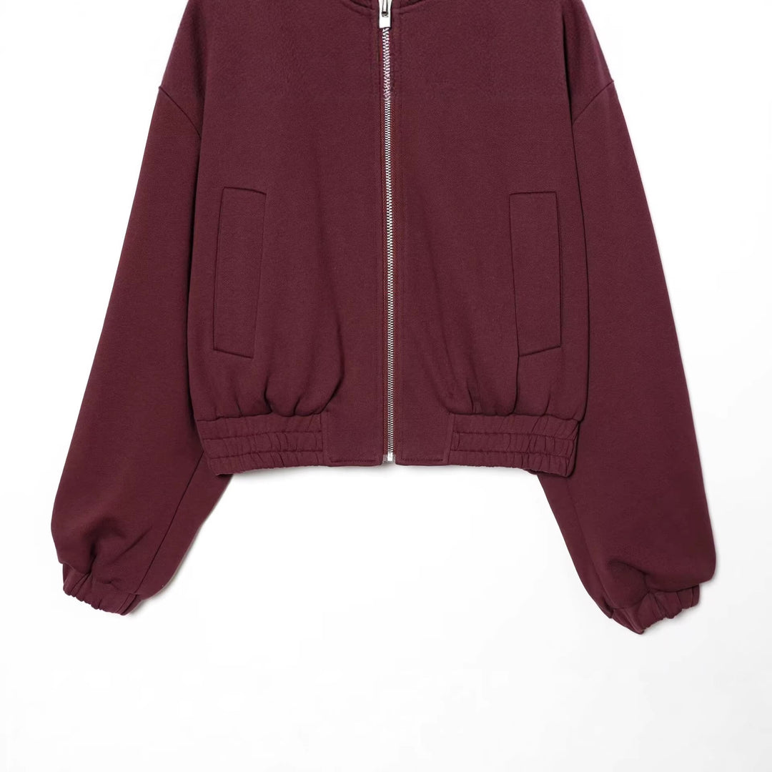 Women Cropped Sweat Bomber Jacket with High Stand-up Collar and Elastic Waistband Hudson & Parker