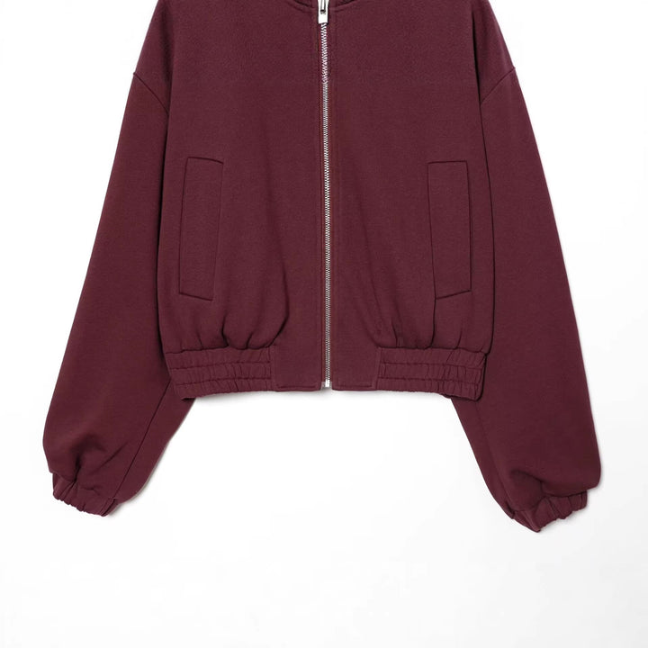 Women Cropped Sweat Bomber Jacket with High Stand-up Collar and Elastic Waistband Hudson & Parker