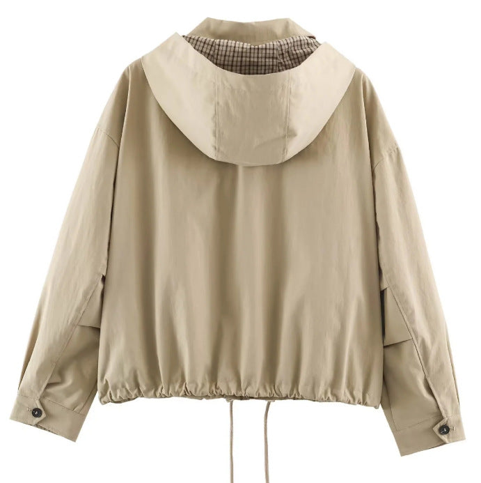 Women's Lightweight Hooded Jacket in Boxy Cut with Drawstring and Check Lining Hudson & Parker