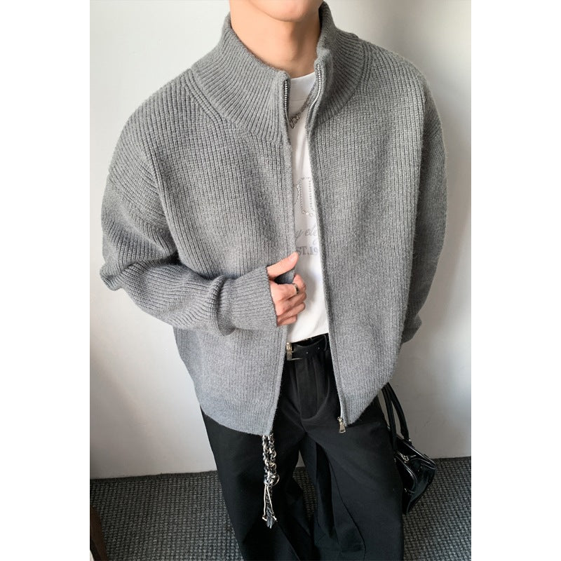 Men's chunky knit zip jacket with stand-up collar and straight oversized fit Hudson & Parker