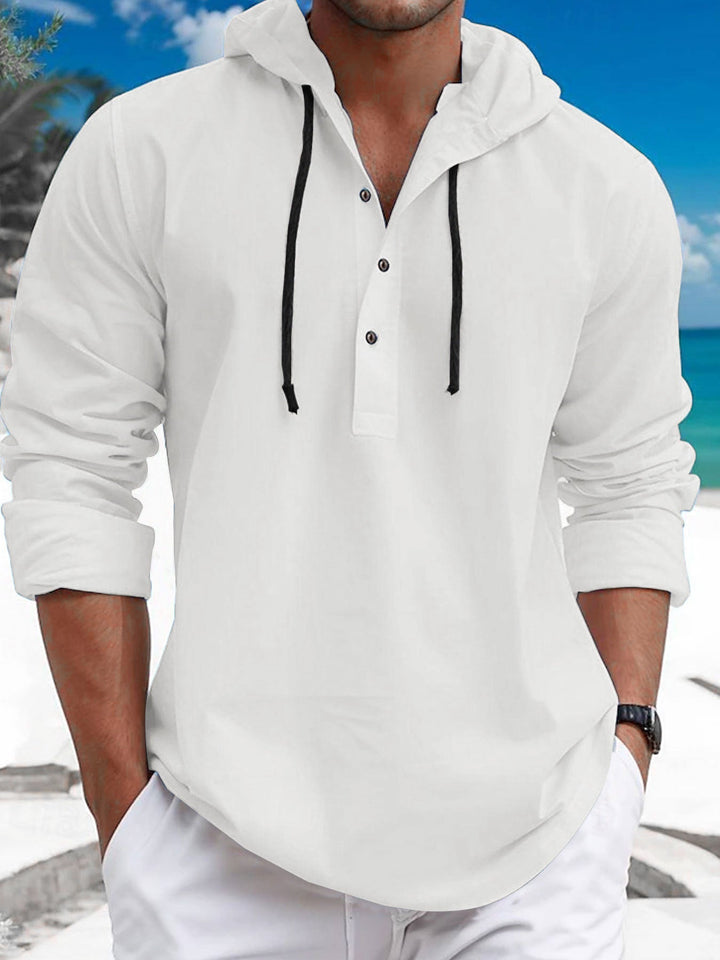Men's summer hoodie henley with hidden button placket, drawstring and rounded hem Hudson & Parker