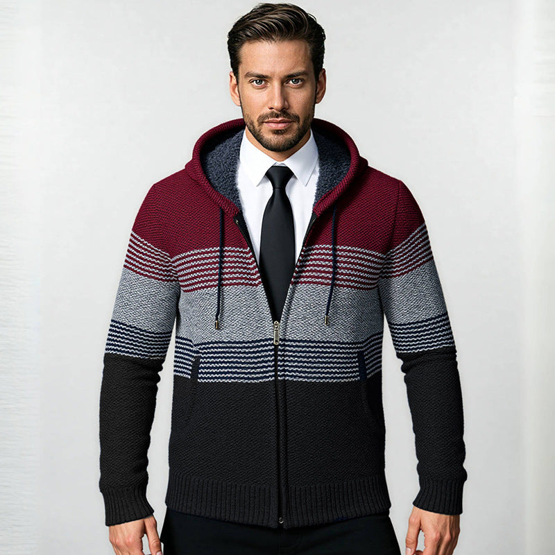 Men's hooded knit zip jacket with gradient block stripe pattern and thermal structure Hudson & Parker