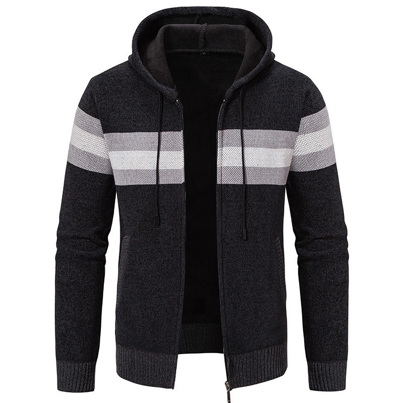 Men's hooded sweater jacket with full zip, contrast stripes, and side pockets Hudson & Parker